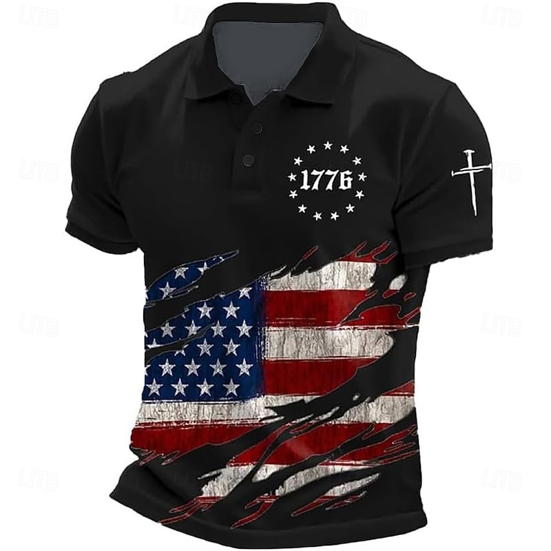American Independence Day Men's American US Flag Polo Short Sleeve Polo Shirts Collared Shirts Casual Outdoor Daily Wear 3D Print Summer Black White Blue3