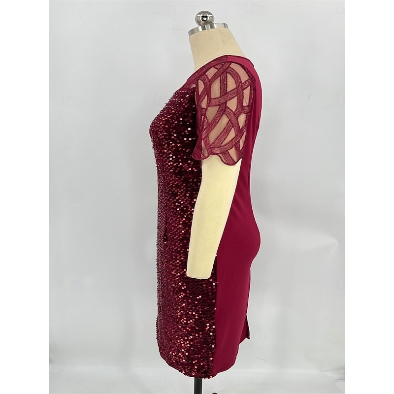 Dress Mother of the Bride Dress Elegant Crew Neck Tea Length Lace Short Sleeve with Sequin2