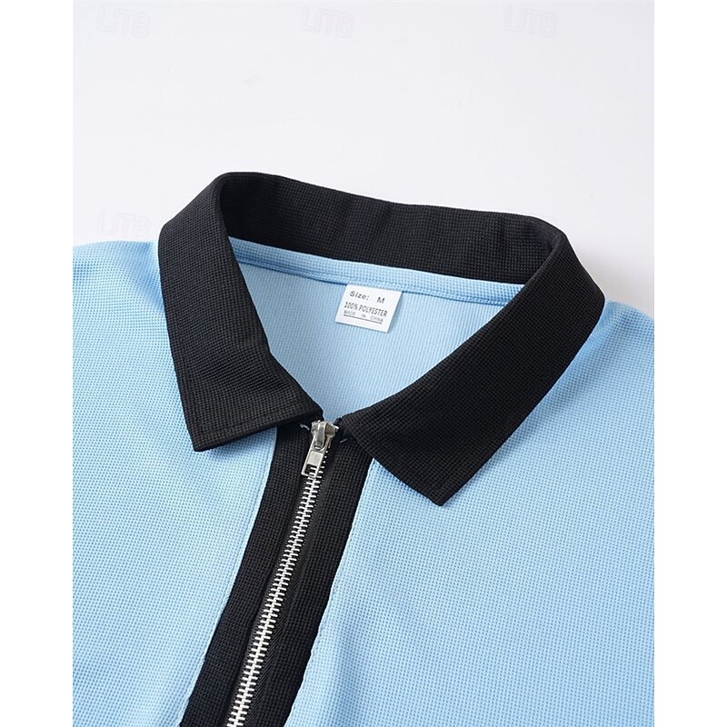 Men's Color Block Polo Zip Polo Golf Shirt Short Sleeve Lapel Fashion Casual Outdoor Sport Daily Splice Summer Black Pink Red3