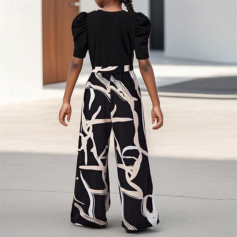 2 Pieces Kids Girls' Solid Color Puff Sleeve T-shirt & Pants Set Short Sleeve Fashion Outdoor 4 years+ Summer Black Red Green2