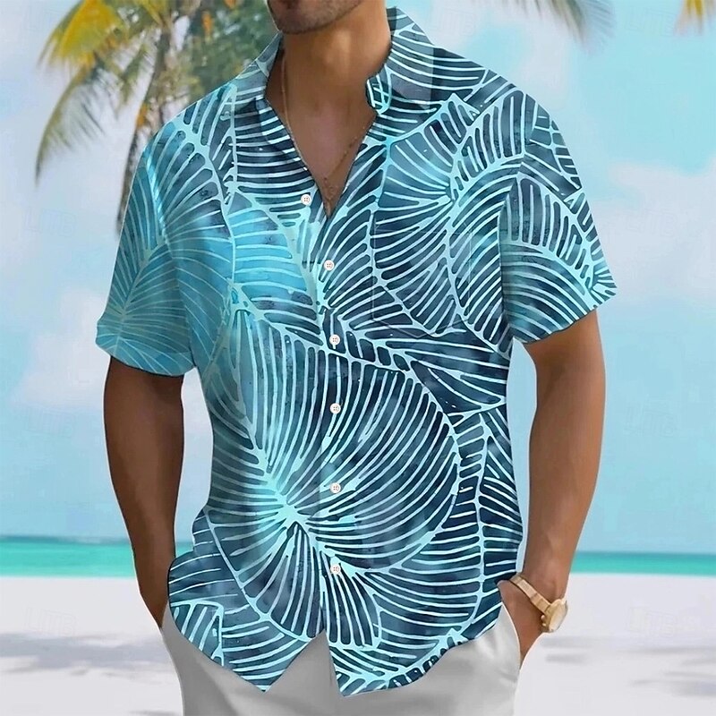 Men's Palm Leaf Tropical Plants Summer Hawaiian Shirt Button Up Shirt Aloha Shirt Short Sleeve Hawaiian Holiday Beach Wear Summer Spring Turndown 3D Print Collared Shirts Front One Pocket Blue