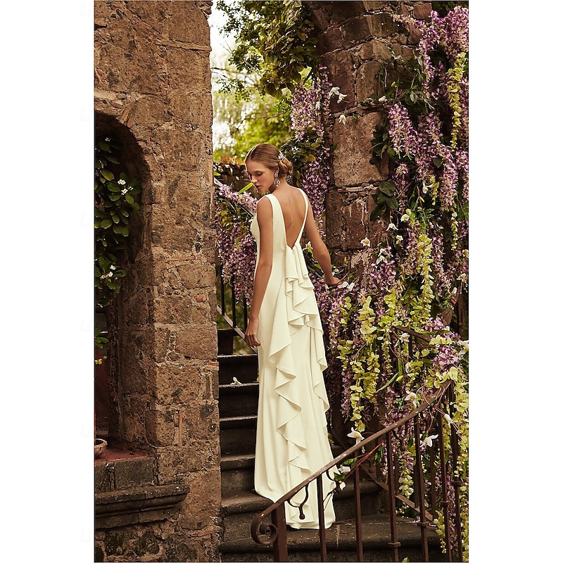 Beach Wedding Hall Open Back Casual Wedding Dresses Sheath Scoop Neck Sleeveless Sweep / Brush Train Stretch Fabric Bridal Gowns With Draping4