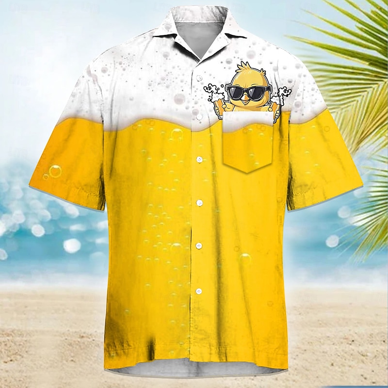 Men's Funny Beer Duck Cuban Collar Shirt Summer Hawaiian Shirt Aloha Shirt Short Sleeve Hawaiian Vacation Holiday Beach Wear Summer Spring Camp Collar Shirt 3D Print Front One Pocket Yellow Orange3