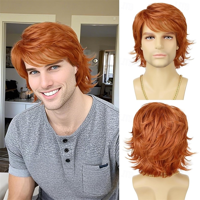 Mens Wig Short Orange Layered Heat Resistant Synthetic Wigs for Male Daily Party Cosplay Costume Halloween Use