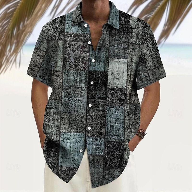 Men's Geometric Color Block Patchwork Shirt Summer Shirt Button Up Shirt Short Sleeve Fashion Casual Vacation Holiday Streetwear Summer Turndown 3D Print Front One Pocket Linen Like Shirt Dark Blue3