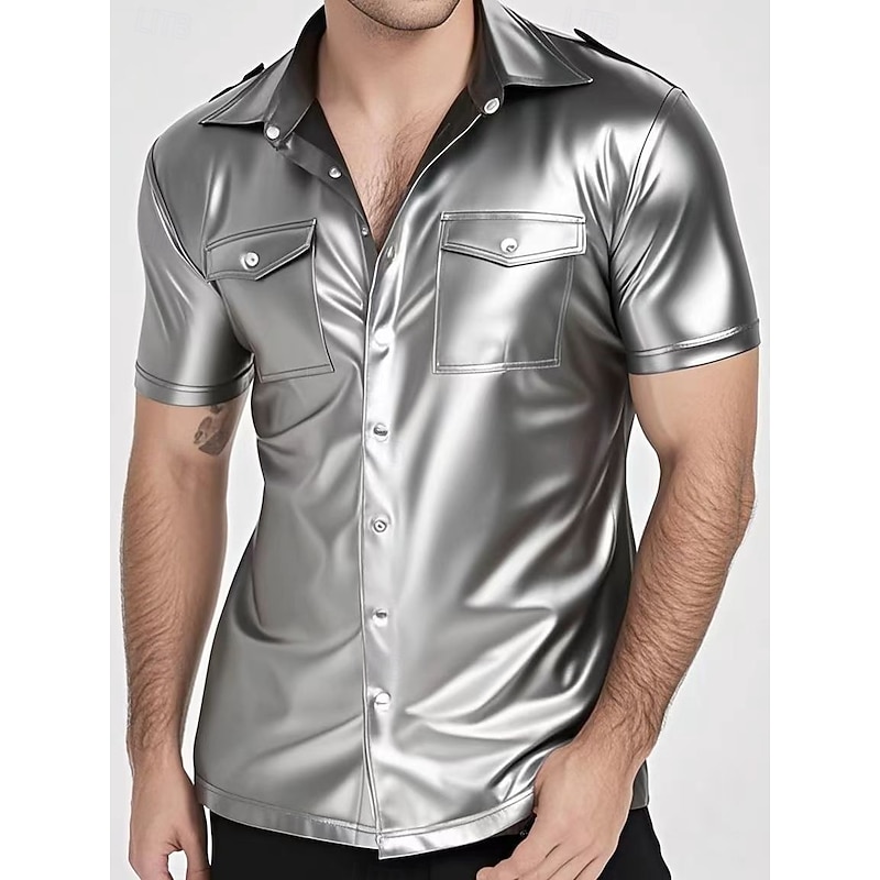 Men's Faux Leather Shirt Shiny Short Sleeve Clubwear for Pride Parade, Festival, Drag, Leather Party & Nightclub Fashion2
