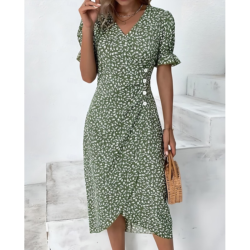 Women's Midi Dress Wrap Dress Elegant Lightweight Puff Sleeve Short Sleeve V Neck Going out Regular Fit Floral Black Pink Blue Green