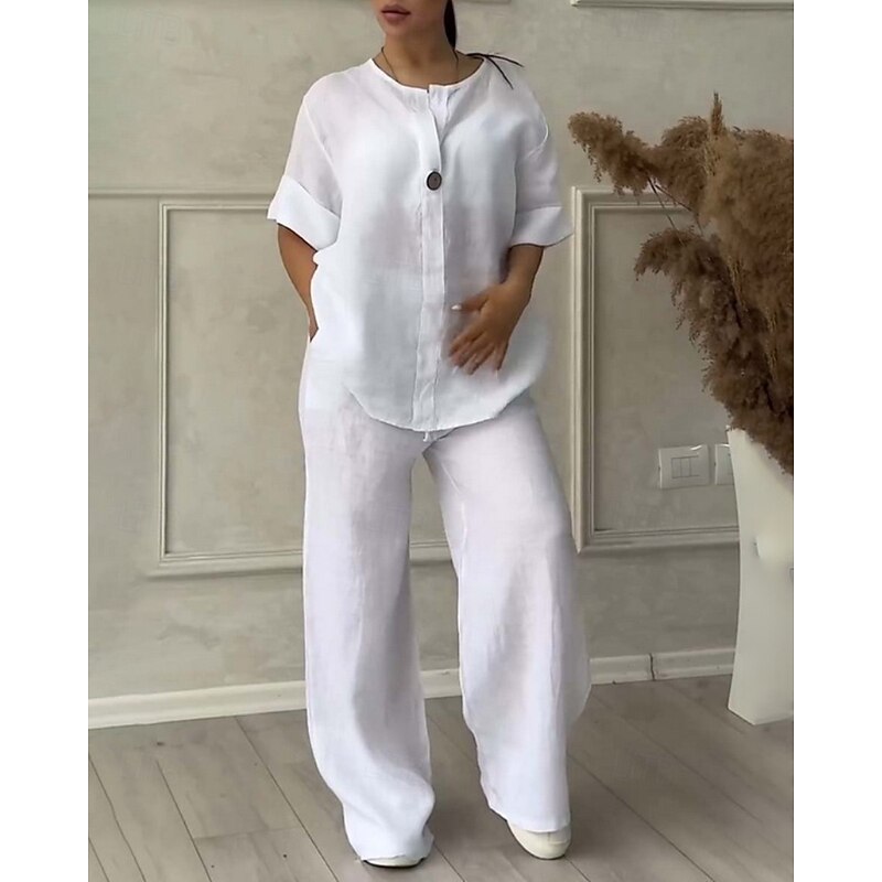 Women's Active Fashion Cotton Linen Shirts Blouse Pants Sets Long Sleeve V Neck Solid Color Outdoor Weekend Black White Pink Summer Regular Fit2