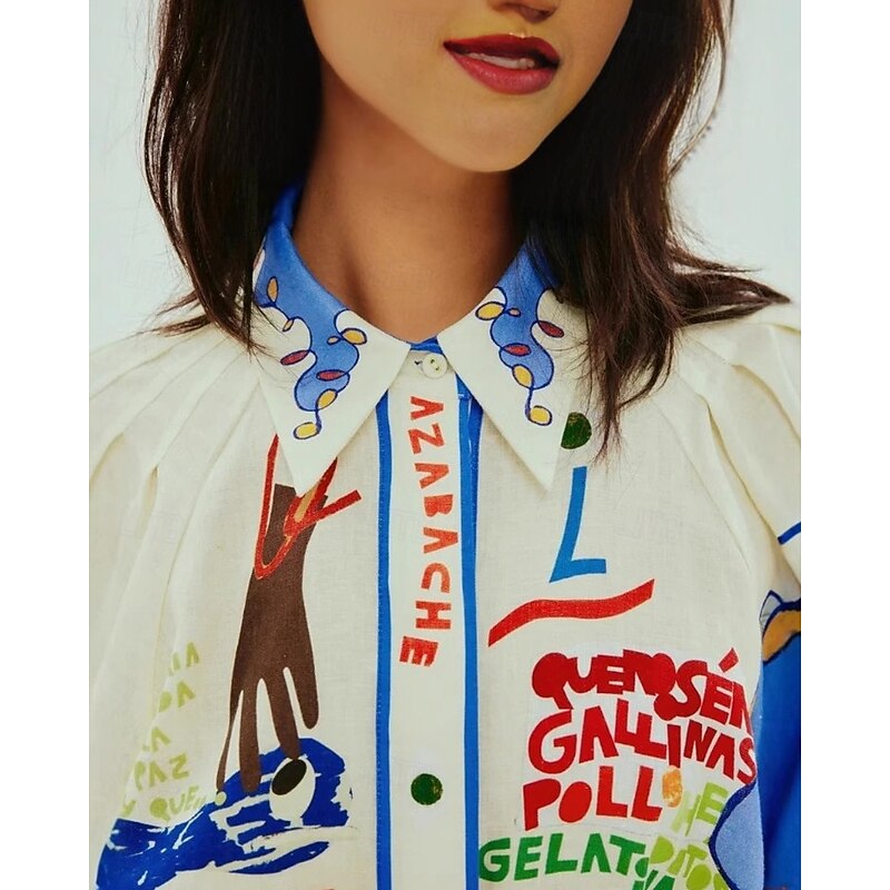 Women's Mini Dress Cotton Linen Dresses Casual Dress Fashion Outdoor Party Holiday Regular Fit Painting 3/4 Length Sleeve Shirt Collar Blue Summer3