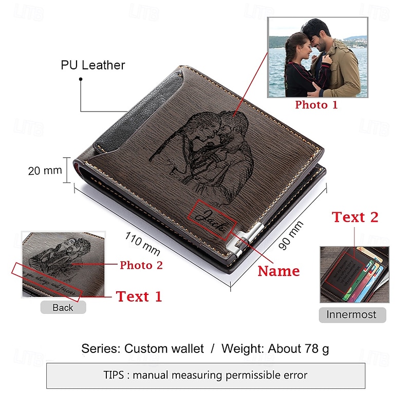 Personalized Photo Engraved Leather Wallet Custom Best Gift for Dad, Brown Leather, Custom Photo and Text Engraved Front and Back, Anniversary, Birthday, Father's Day, Christmas Gift2