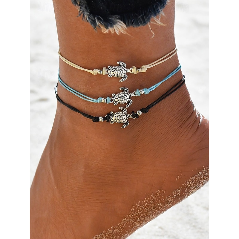 Women's Turtle Charm Friendship Anklet Set - Adjustable Bracelet with Silver Beads and Turtle Charm - Beach and Summer Accessories