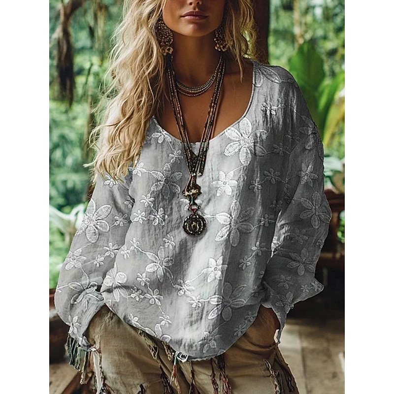 Women's Western Blouse Boho Shirt Blouse Flower Modern Casual Long Sleeve V Neck Regular Tops Daily Holiday Going out   Print Gray Autumn