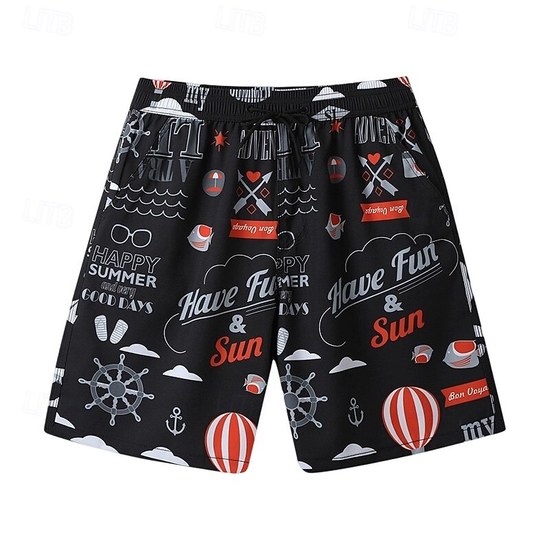 Men's Shorts Beach Shorts Drawstring Graphic Letter Abstract Quick Dry Outdoor Knee Length Outdoor Vacation Home Vacation Ethnic Style Lake blue White & Blue Stretchy2