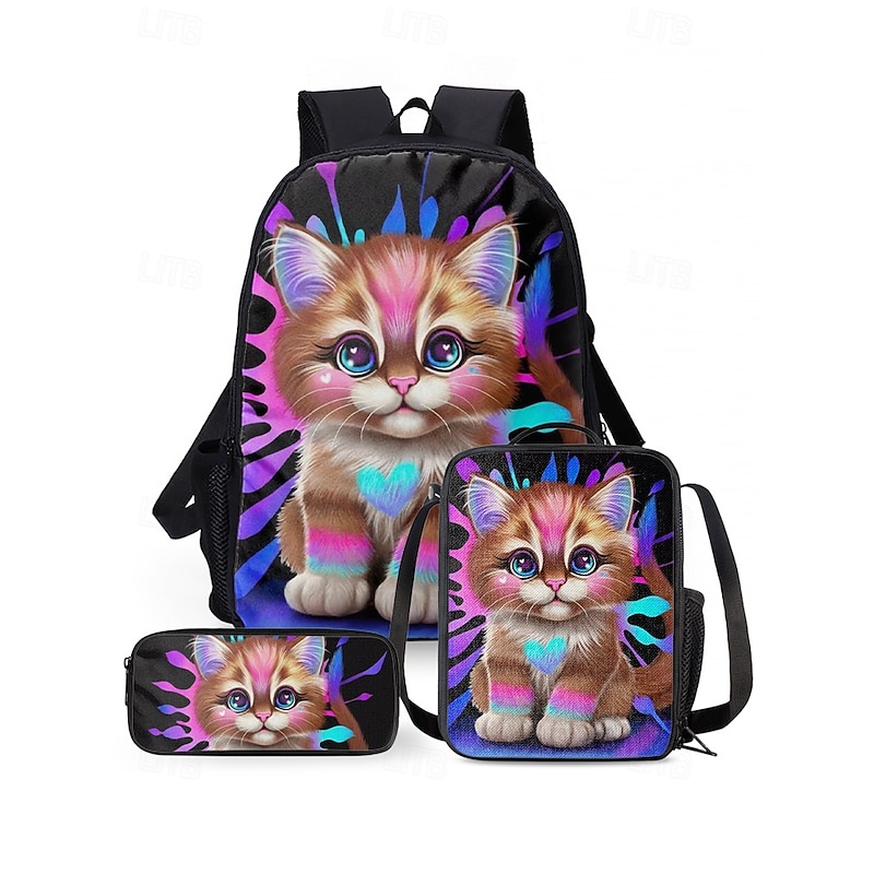 Kids 3-piece colorful cat backpack set (with insulated lunch bag and pencil case) - Cute cartoon style school bag for girls, Elementary school students and daily use Sheena Pike