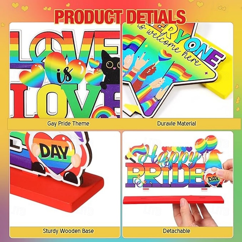7 Pieces Pride Decorative Wooden Table Centerpieces, Love Is Love Table Decorations for Pride Month, Rainbow Theme LGBTQ Party Supplies, Perfect for Pride Celebration and Party Decor3