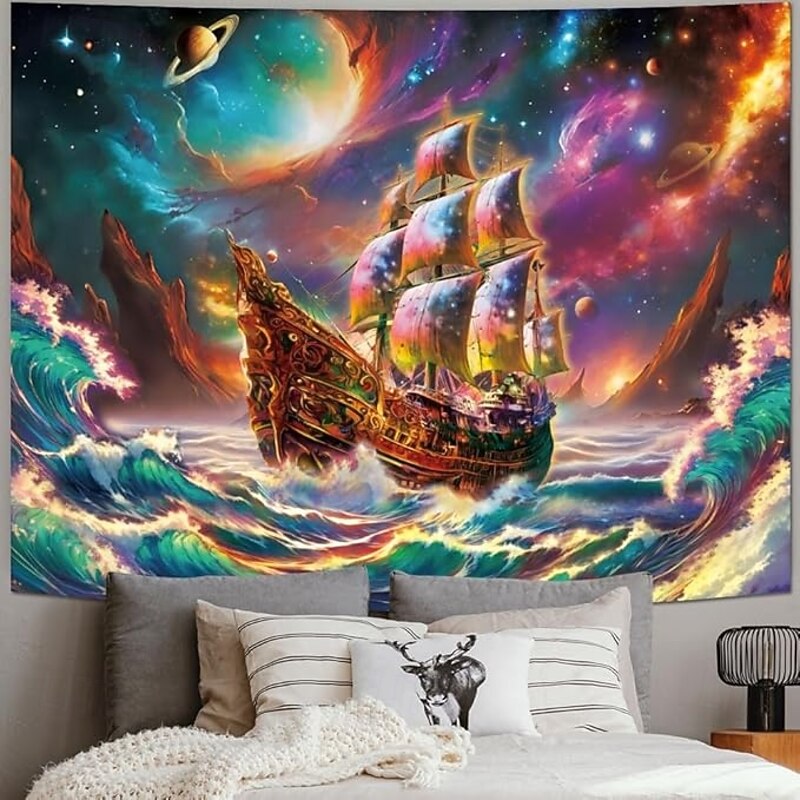 Blacklight Tapestry Glow in the Dark Glow Party UV Reactive Ocean Pirate Ship Trippy Misty Nature Landscape Hanging Tapestry Wall Art Mural for Living Room Bedroom4