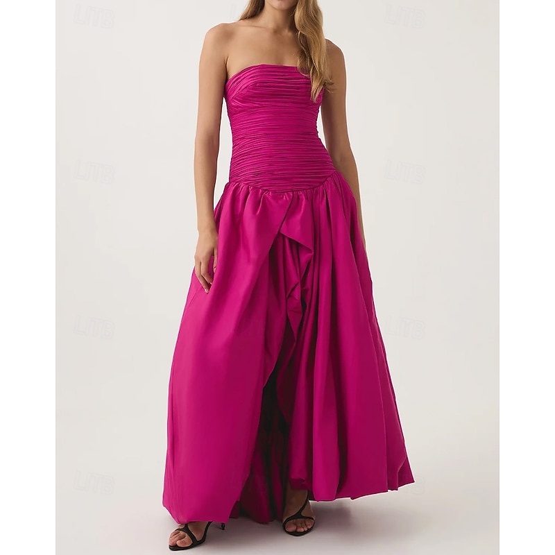 A-Line Evening Gown Bubble Dress Formal Semi Formal Wedding Floor Length Sleeveless Strapless Tafetta with Ruched Slit