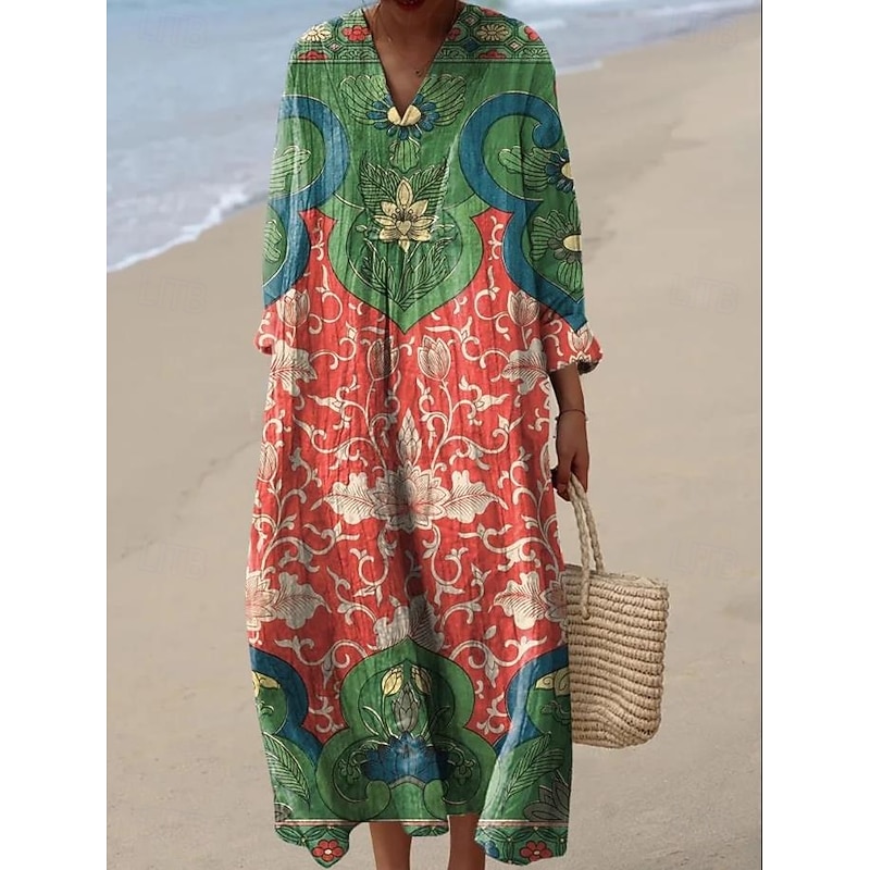 Women's Midi Dress V Neck Long Sleeve Kaftan Lightweight Loose Fit A Line Dress Casual Boho Party Going out Floral Graphic Long Sleeve V Neck Light Pink White Light Green Pink4