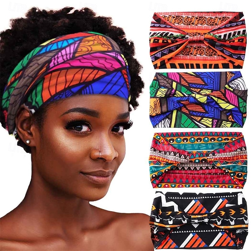 African Headbands Boho Knotted Hairbands Stretch Wide Head Wraps Elastic Yoga Turban Hair Scarfs Workout Printed Hair Accessories for Women Pack of 4