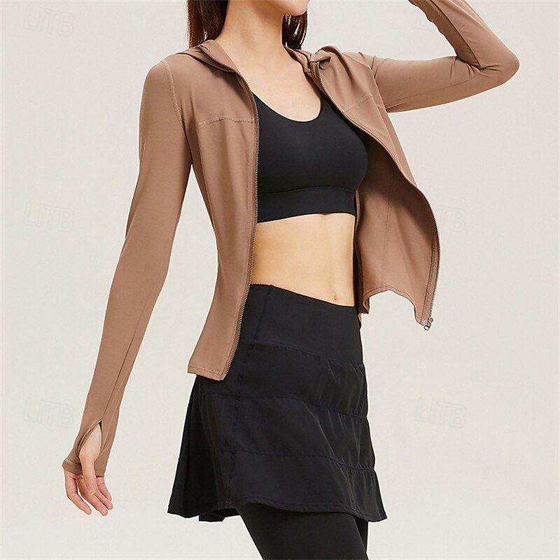 Women's Solid Colored Tennis Sports Jacket Sport Jacket Long Sleeve Zipper High Elasticity Breathable Tennis Golf Pickleball Hooded White Brown Tennis Clothing3