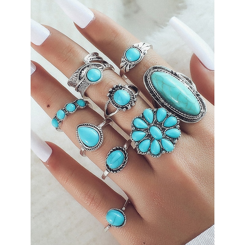 Women's Boho Turquoise Ring Set – Vintage Alloy Stackable Rings with Gemstone Accents for Western Style, Festivals or Daily Wear4