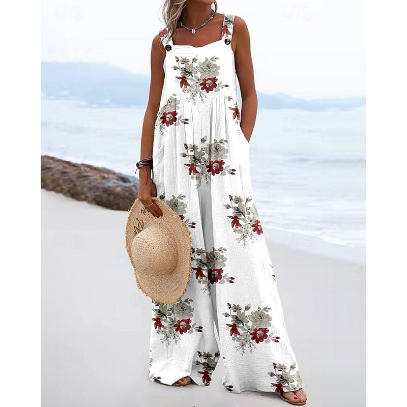 Women's Normal Jumpsuit Dungarees Streetwear Floral Sleeveless U Neck Pocket Print Daily Going out Regular Fit Pink Brown Beige Summer2