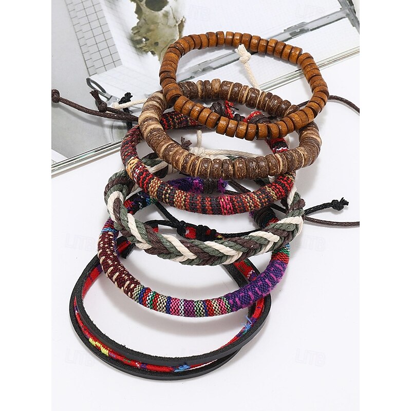 Men's Boho Multi-layer Beaded Braided Bracelet Set, Various Material Designs - Wood, Leather and Rope, Tribal Style, Beach and Casual Wear4