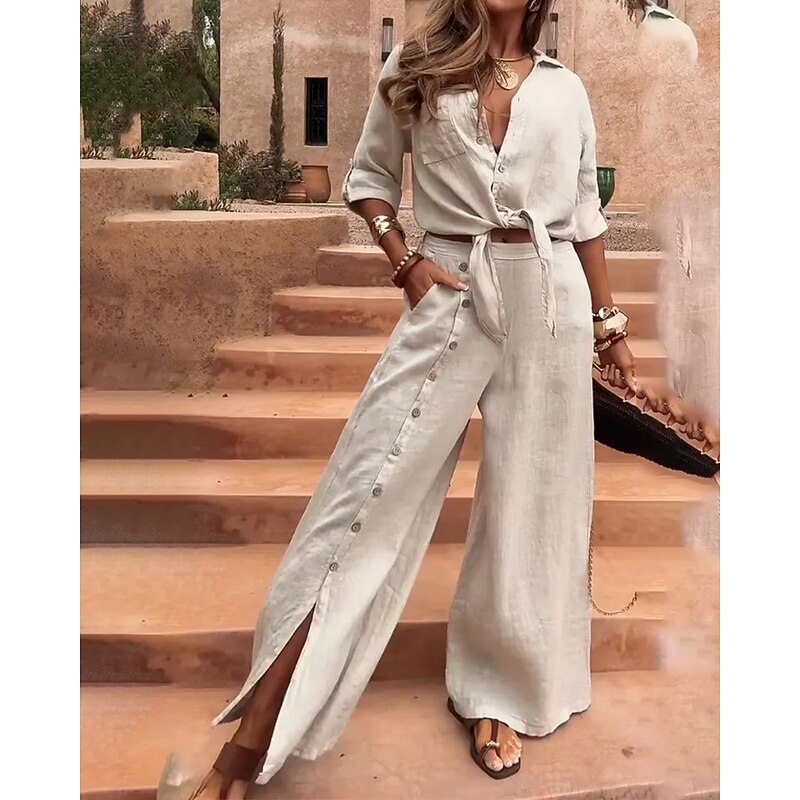 Women's Active Shirt Cotton Linen Shirts Blouse Long Sleeve Shirt Collar Solid Color Dubbele Rij Knopen Split Thigh Vacation Weekend White Army Green Brown Summer Regular Fit