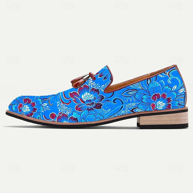 Men's Loafers Blue Jacquard Fabric Slip-On Shoes with Floral Pattern and Tassel Details for Formal Events and Parties3