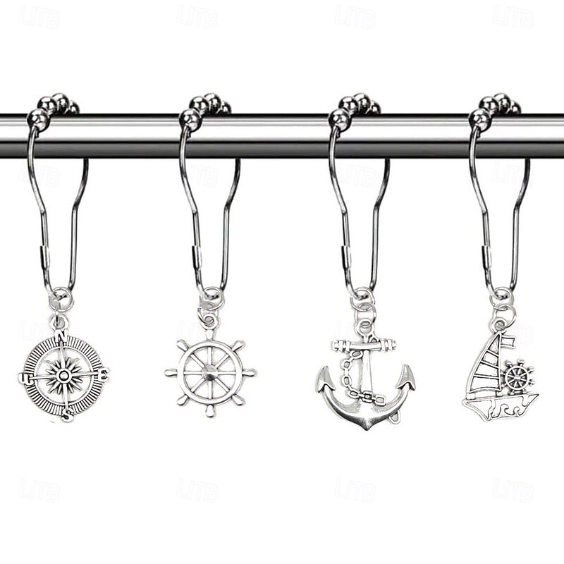 Nautical Shower Curtain Hook 1pc Rustproof Polished Chrome with Antique Silvery, Anchor & Rudder Pendants for Bathroom Decor