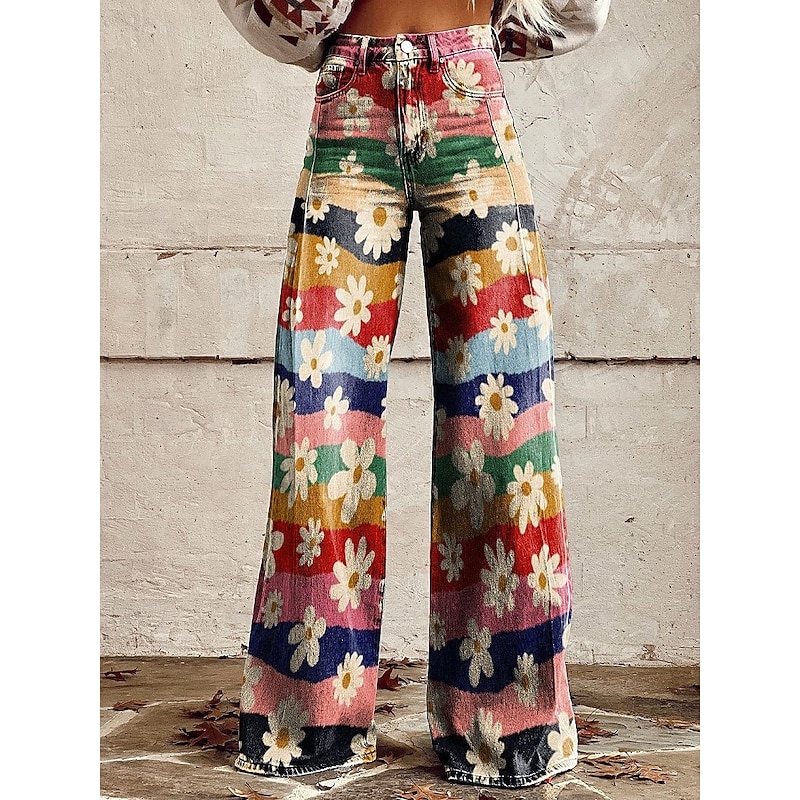 Retro Vintage Boho 1970s Pants Wide Legged Pants Hippie Disco High Waist Floral Faux Jeans Style Fancy Dress Women's Halloween Carnival Music Festival Pride Parade Retro Theme Party Adults' Pants