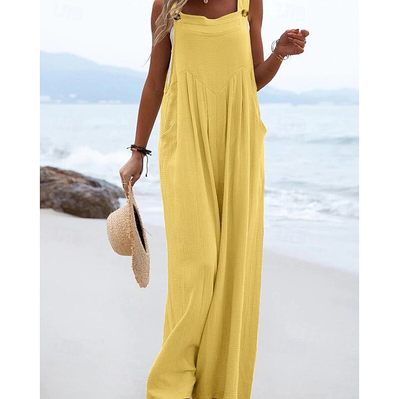 Women's Normal Jumpsuit Dungarees Streetwear Solid Color Sleeveless U Neck Pocket Street Daily Regular Fit Black Yellow Pink Summer4