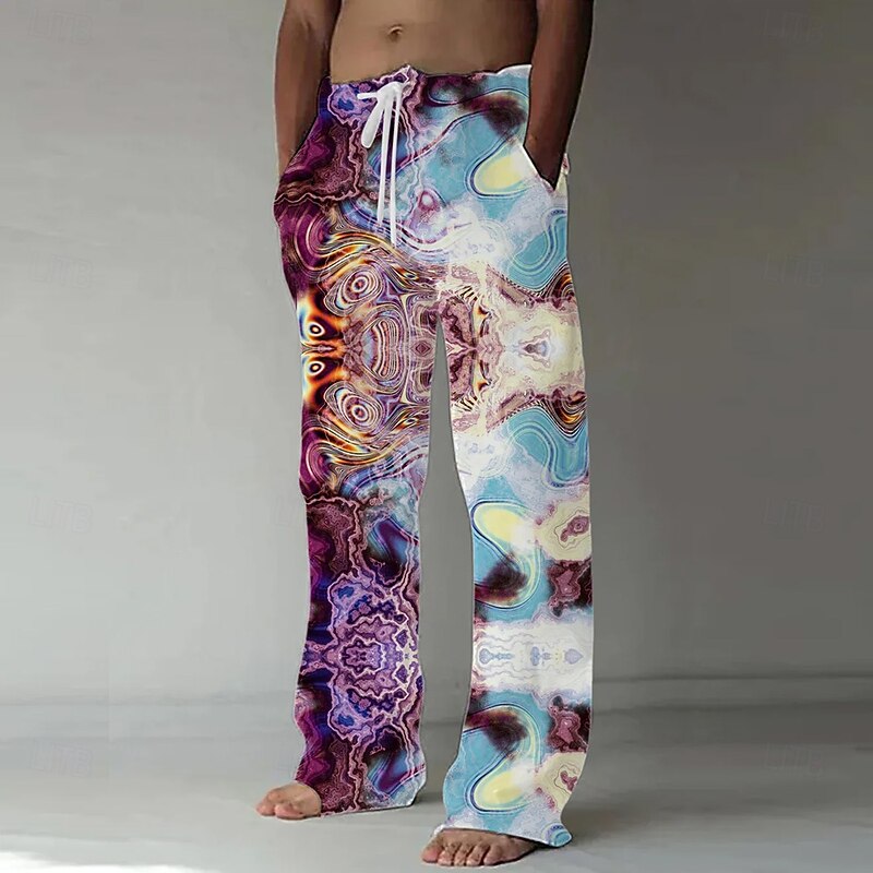 Men's Marble Abstract Liquid Art Trousers Baggy Pants Casual Pants Mid Waist Casual Outdoor Vacation Side Pockets Wide Leg Elastic Drawstring Waist Summer Spring 3D Print Red Blue Purple