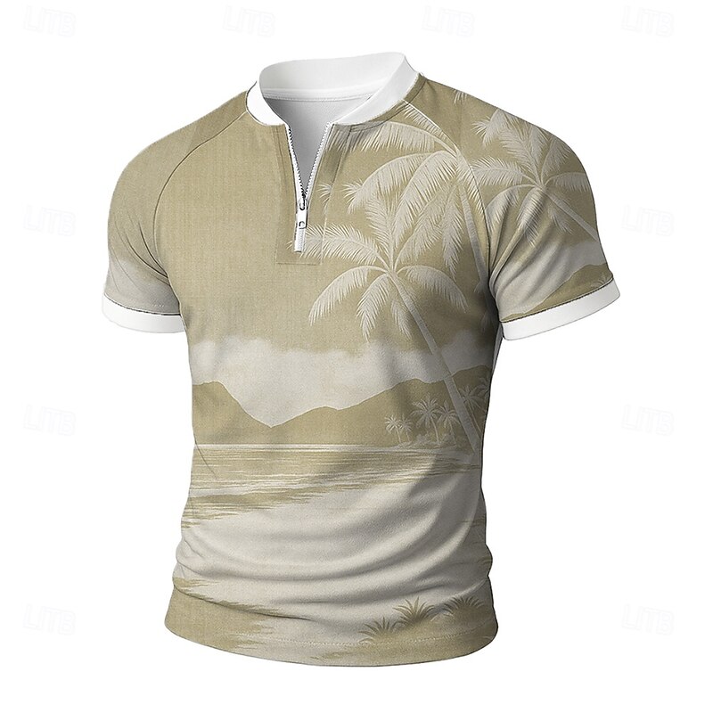 Men's Palm Tree Zip Polo Short Sleeve Stand Collar Vacation Leisure Athleisure Hawaiian Casual Daily Zipper 3D Print Summer Robin's Egg Blue Light Green Brown