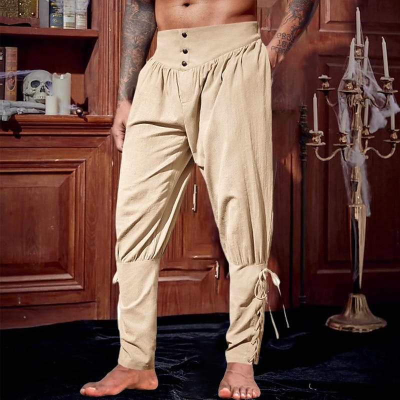 Men's Linen Pants Trousers Summer Pants Casual Pants Pirate Pants Elastic Waist Leg Drawstring Plain Comfort Breathable Full Length Vacation Party Casual Ethnic Style Retro Vintage Black Sky Blue