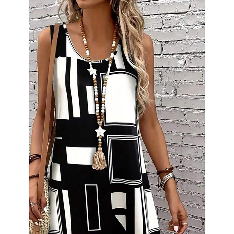 Women's Mini Dress Sundress A Line Dress Summer Dress Vacation Casual Regular Fit Graphic Geometric Abstract Sleeveless U Neck Black And White Summer Spring3