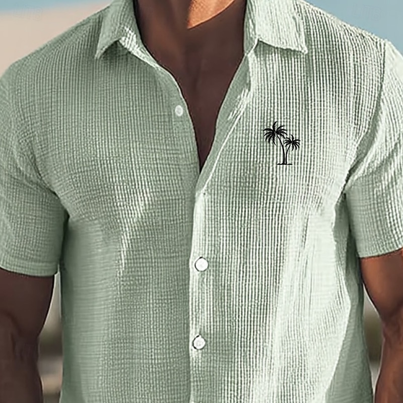 Men's Coconut Tree Tropical Plants Waffle Shirt Button Down Shirt Short Sleeves Hawaiian Daily Holiday Beach Wear Summer Turndown 3D Print Knit Shirt Untucked Shirt Light Green Blue Green2