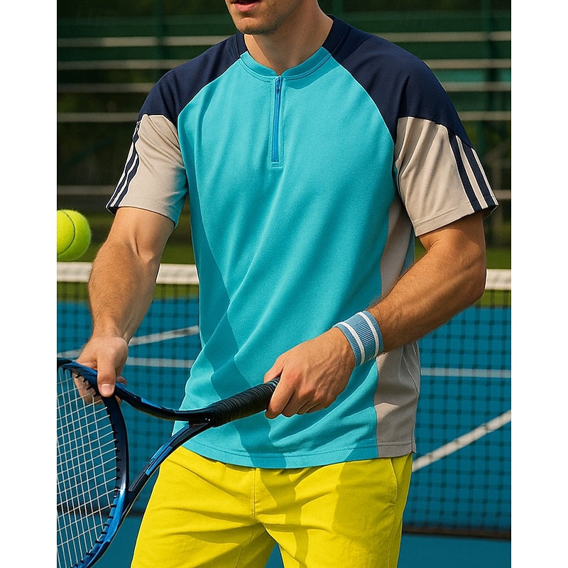 Men's Patchwork Sport Shirt Golf Polo Shirt Tennis Shirt Tennis Tee Short Sleeves Front Zip Sweat-Wicking Moisture Wicking Breathable Tennis Golf Pickleball Yellow Blue Dark Gray Tennis Clothing3