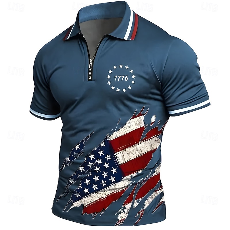 Independence Day Men's American Flag Zip Polo Short Sleeve Turndown Casual Daily Outdoor Athleisure Festival Zipper Summer Robin's Egg Blue