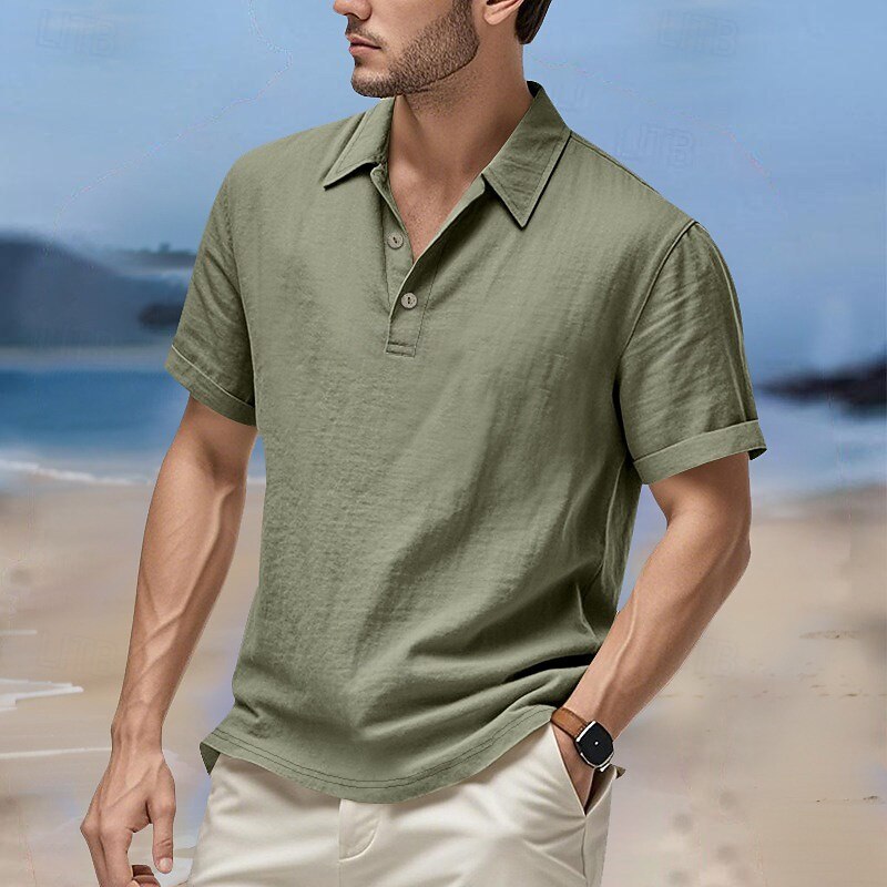 Men's Shirt Linen Shirt Popover Shirt Summer Shirt Beach Wear Plain Vacation Holiday Black White Navy Blue Sky Blue Short Sleeve Shirt Collar Summer Spring Clothing Apparel