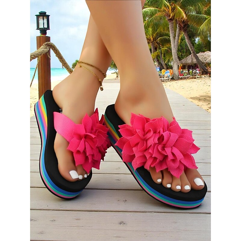 Women's Rainbow Platform Flip Flops with Large Pink Flower, Colorful Beach Sandals for Vacation, Teens and Young Adults, Summer Casual Style2