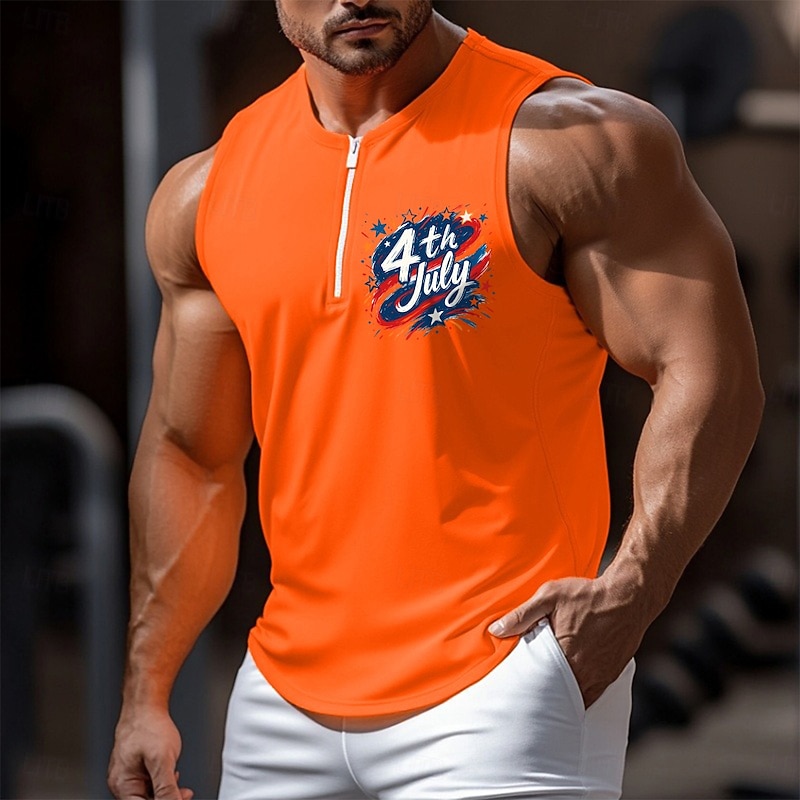 Men's Tank Top Vest Undershirt Sleeveless Shirt Sleeveless Crew Neck V Neck Summer Plain Printed Independence Day Fashion Sporty Classic Quick Dry Street Sport Casual White Blue Orange Top Tee for Men4
