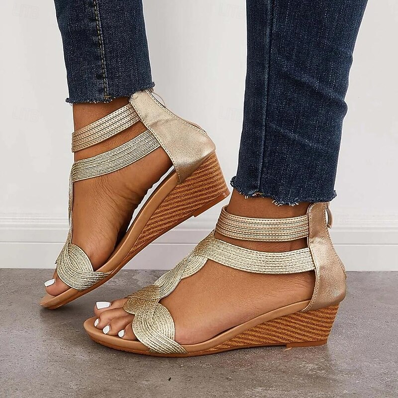 Women's Glitter Wedge Sandals – Open Toe Strappy Design with Comfortable Low Heel, Elegant Summer Shoes for Parties, Weddings, and Casual Outings4