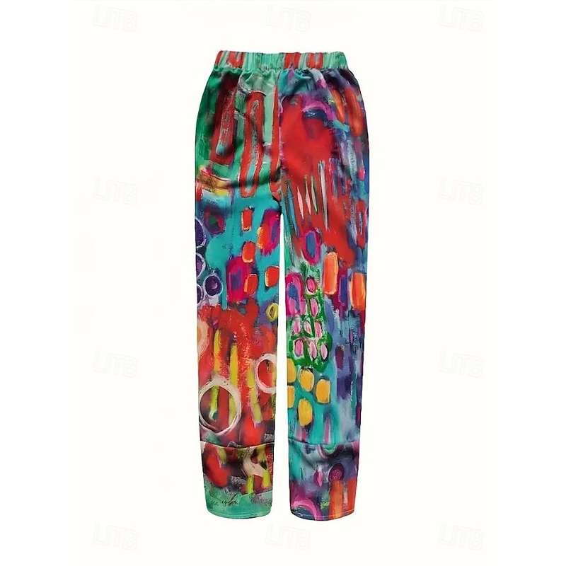 Women's Cotton Linen Pants Vacation Vintage Ethnic Style Full Length High Waist Drawstring Printing Vacation Street Causal Robin's Egg Blue Red Summer Spring Loose Fit3