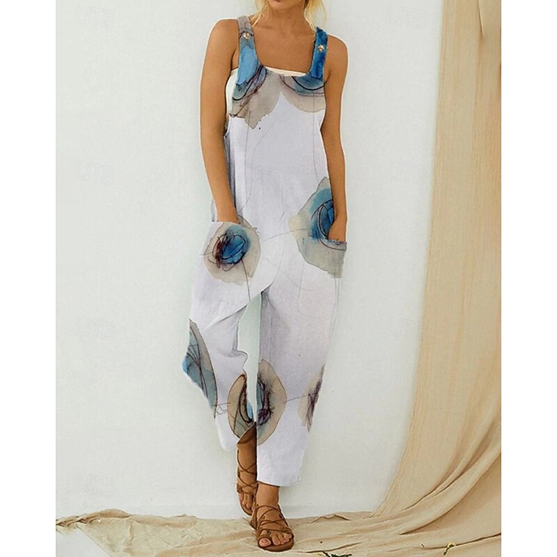 Women's Normal Jumpsuit Streetwear Floral Sleeveless U Neck Pocket Print Going out Weekend Regular Fit White Summer