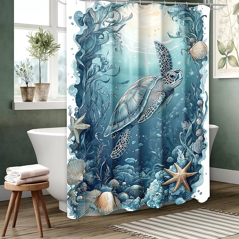 Shower Curtain with Hooks Waterproof for Bathroom Machine Washable Shower Curtain Bathroom Decor Set Polyester 12 Pack Plastic Hooks Ocean Animal Turtle
