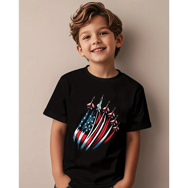 100% Cotton American Independence Day Kids Boys Black American Flag T shirt Tops Crew Neck Short Sleeve Vacation Casual Daily Wear Fashion Sport Print Summer3