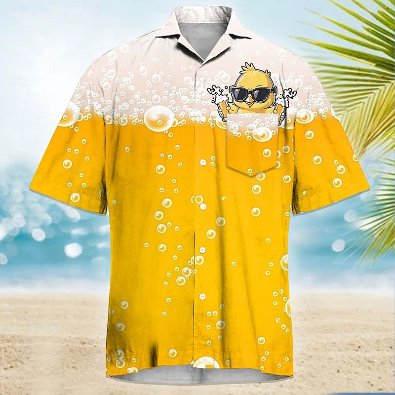 Men's Funny Beer Duck Cuban Collar Shirt Summer Hawaiian Shirt Aloha Shirt Short Sleeve Hawaiian Vacation Holiday Beach Wear Summer Spring Camp Collar Shirt 3D Print Front One Pocket Yellow Orange