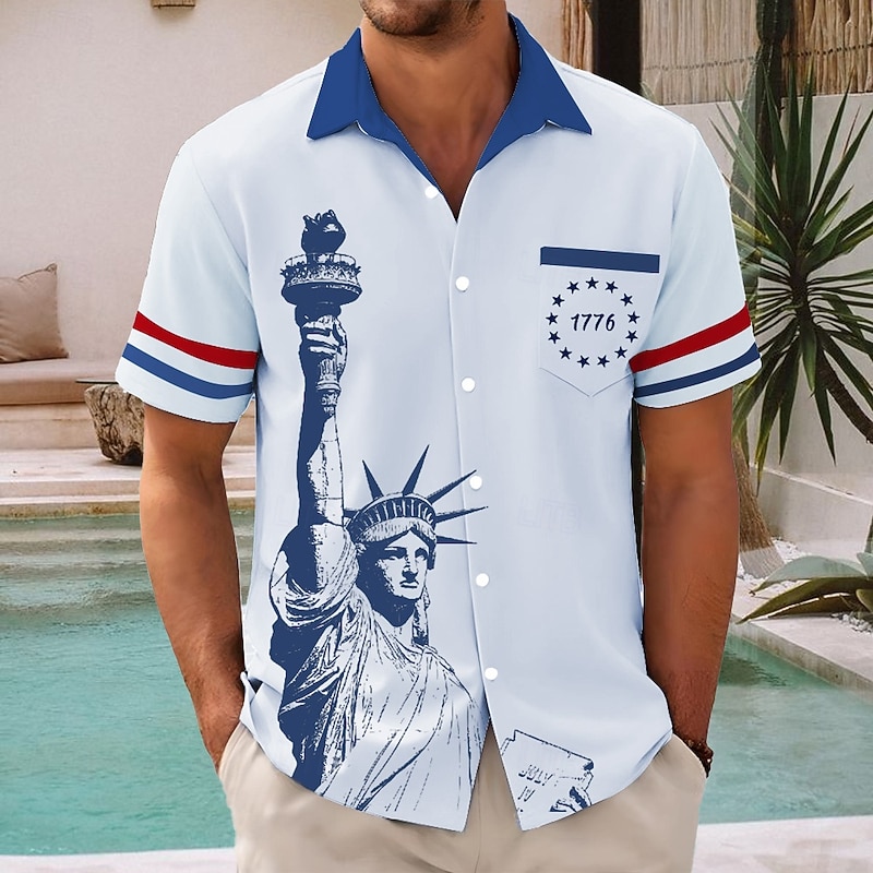 Independence Day Men's Statue Of Liberty US Flag Patriotic Shirt Summer Shirt Button Up Shirt Short Sleeve Fashion Casual Holiday Summer Spring Turndown 3D Print Collared Shirts Front One Pocket3