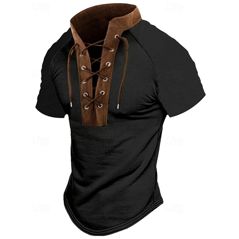 Men's T Shirt Tee Short Sleeve Shirt Tee Top Short Sleeve Stand Collar Summer Color Block Fashion Designer Basic Lace up Vacation Street Going out Black Apricot Top Tee for Men3